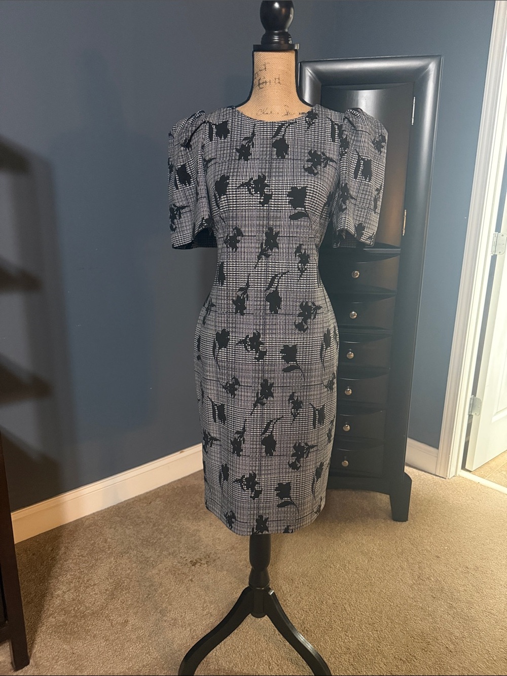 Calvin Klein Black and Gray Plaid Floral Sheath Dress